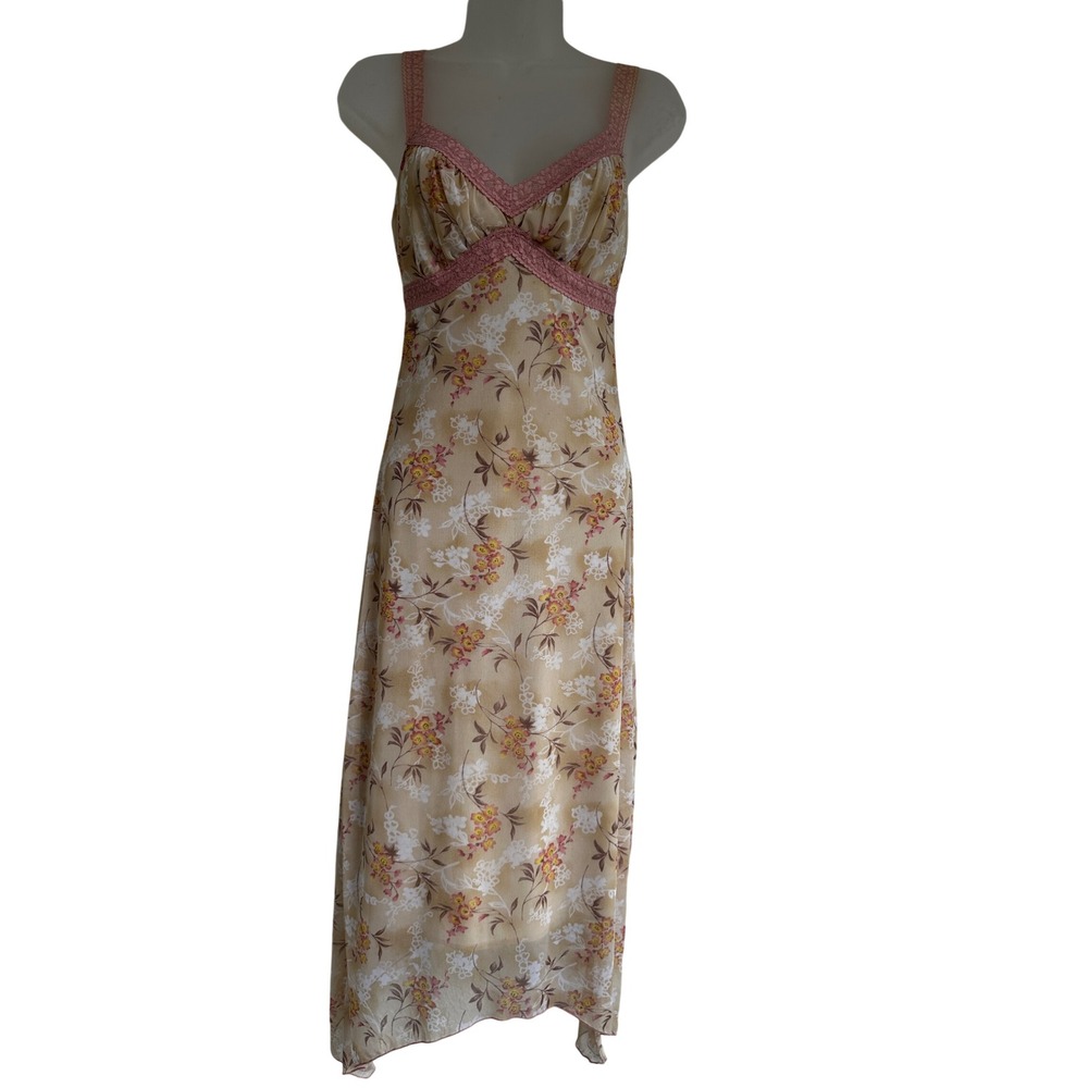 Wet Seal Vtg Y2K Floral Mesh Handkerchief Hem Midi Dress Pink Lace Sleeveless S